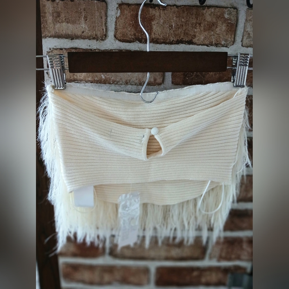 URBAN OUTFITTERS Ivory Faux FUR Fringe BANDEAU Tube TOP Y2K Summer Women's S - Picture 3 of 8